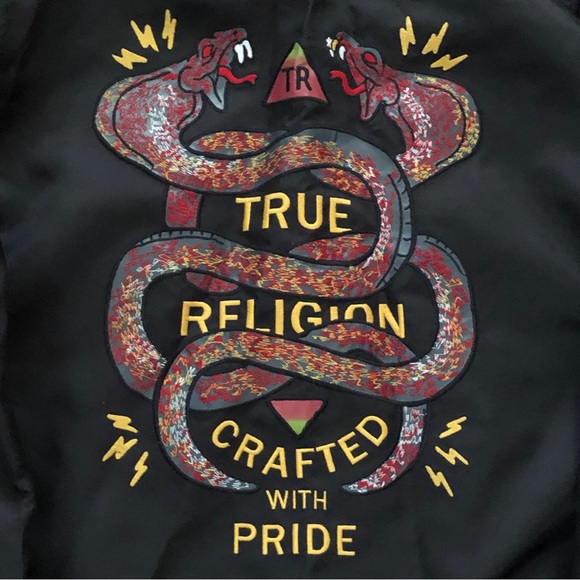 New TRUE RELIGION Two-Tone Vintage Reversible Double Snake Bomber Jacket (Large) - Picture 3 of 13